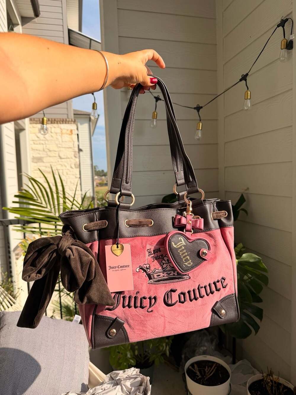 Juicy Couture Pink Velvet Tote Bag with Brown Trim and Heart Mirror Charm